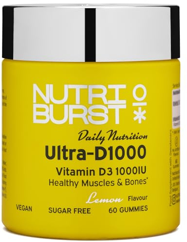 Nutriburst Ultra-D1000 - Vitamin D3 (1000IU) + Vitamin K2 (80µg) for Healthy Muscles & Bones - Lemon Flavour - 60 Gummies 1 Month Supply - Suitable for Vegans