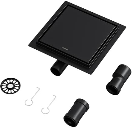 Neodrain Floor Drain Shower Stainless Steel Square Black 20 x 20 cm 2-in-1 Shower Drain with 360° Siphon, Odour Trap and Hair Filter