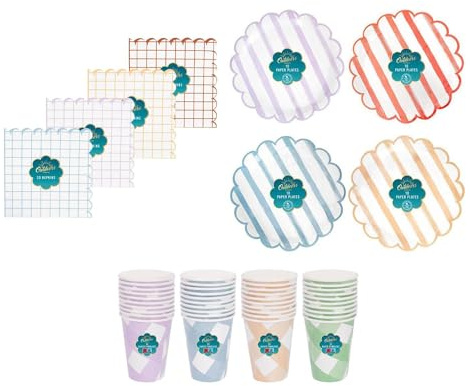 YöL Disposable Paper Summer BBQ Picnic Set Scalloped Themed Party Dining Cups Plates Napkins Tumblers Garden