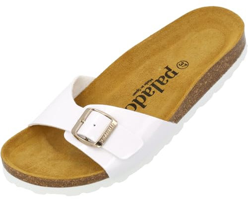 Palado Pantoletten Damen Malta Lack – gefertigt in Spanien – Glänzendes Obermaterial – EVA-Sohle – Veloursleder-Decksohle – Weichfußbett Weiß UK4,5 - EU37