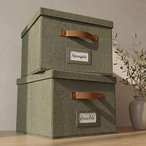 ZICOTO Lot de 2 boîtes de rangement en lin vert sauge, pliables, portables, empilables – Parfait pour les documents et les dossiers suspendus – 39,1 x 31,5 x 25,4 cm