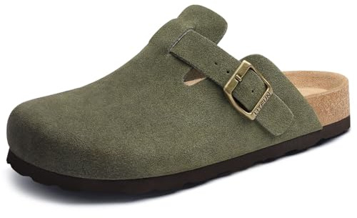 Litfun Suede Clogs for Women Soft Footbed Mules with Arch Support | Genuine Suede, Cork Footbed Leather Protato Shoes, Adjustable Buckle, Slip-resistant Outsole