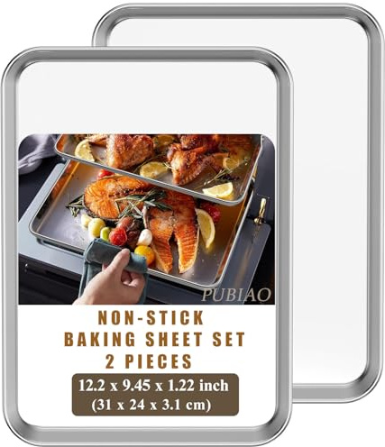 Set de 2 Plaques à Pâtisserie, Set de Plaques à four en Acier Inoxydable, Set de Cuisson avec Rebord - Poêle à Servir, Non Toxique, Facile à Nettoyer et Résistant au Lave-Vaisselle (31x24x3.1CM)