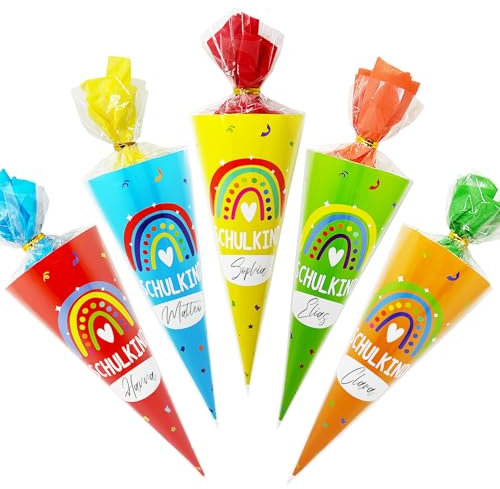 YUNYAKARSA 10 Stück Schultüte Jungen Mädchen, 28cm Geschwister Schultüten Klein Zuckertüte Kleine Schultüte Mädchen Jungen, Mini Schultüte zum Befüllen, Bunte Zuckertüte