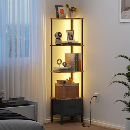 OYRREU Libreria con Cassetto e Luce LED, Scaffale Alto da Angolo a 4 Ripiani, Libreria per Soggiorno o Camera da Letto, Scaffale Stretto con Cassetto in Tessuto, Marrone Retrò