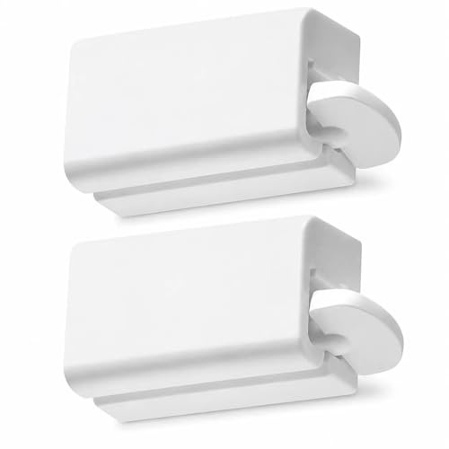 2 Presse-Tubes Dentifrice Muraux, Essore-Tubes à Molette | Plastique blanc, molette latérale et fixation murale; pour dentifrice, crème, gel et autres tubes souples de salle de bain.