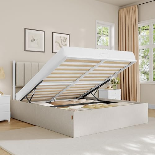 VASAGLE Estructura de Cama, 160 x 200 cm, Cama Elevable, 2 Personas, con Almacenaje, Cabecero, Sistema Hidráulico, Moderno y Minimalista, Fácil Montaje, Beige Capuchino RMB615LH01