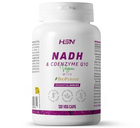 HSN NADH 10mg + Coenzima Q10 100mg | 120 Cápsulas Vegetales de Liberación Retardada | Con Bioperine | Estabilidad Garantizada y Absorción Optimizada | No-GMO, Vegano, Sin Gluten