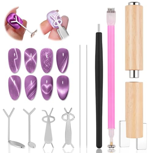 TOROKOM 9-teiliges Cat Eye Nagelmagnet Set – Multifunktionale Nail Art Magnete mit Holzgriff, Herz- & Hasenform, Lange Streifenmagnete für Gel Nagellack, DIY & Professionelles Nageldesign