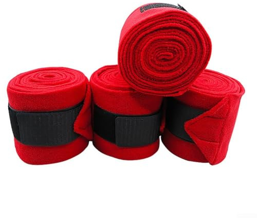 Lot de 4 bandages en polaire pour jambes de cheval, efficaces pour la conservation des tendons et de la chaleur (rouge)