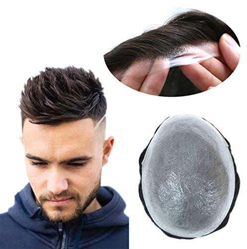 HAIR NATURE Toupee for Men, Human Hairpieces Replacement System, 0.03mm PU Thin Skin V-looped Black Male Hair Units #1B