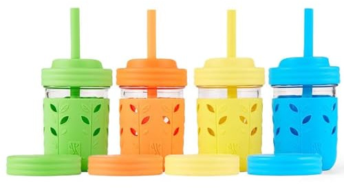 Elk and Friends Kids & Toddler Cups | The Original Glass Mason Jars 8 oz with Silicone Sleeves & Silicone Straws with Stoppers | Smoothie Cups | Spill Proof Sippy Cups for Toddlers | 4 Pack