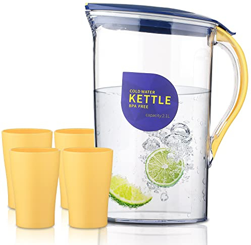 Berglander Fridge Door Water Pitcher with Lid and 4 Cups Perfect for Making Tea, Juice and Cold Drink, 2.1L Water Jug Made of Clear PET, No Smell Clear Plastic Water Carafe BPA Free