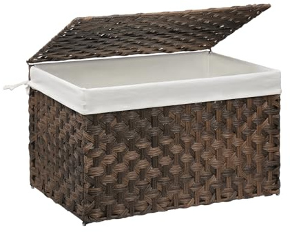 MOORLITER Wicker Storage Basket with Lid, 17.2 Gallon (65L) Small Blanket Basket with Lid, Woven Storage Bin with Handles, Removable Liner, Metal Frame, Foldable, for Bedroom, Laundry Room, Brown