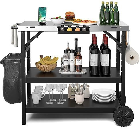 GYMAX Chariot Barbecue Pliable 3 Niveaux, Desserte Jardin Mobile avec 2 Roues, Robuste en 201 Acier Inoxydable, avec Tablette à Épices, Porte-Poubelle, Porte-Mouchoirs,106x52x84cm