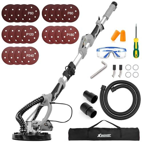 Lijadora de pared, lijadora de techo de 800 W con 20 discos de lijado, sin engranaje de velocidad fija, variable libremente, de 800 a 1700 rpm, luz LED