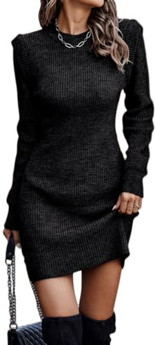 ticticlily Vestido de Punto Mujer Invierno Elegante Vestido Manga Larga y Cuello Redondo Vestido Jersey Lápiz Básico Vestidos Cortos de Fiesta Casual A Negro M