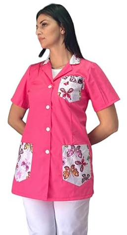 tessile astorino Camice da Lavoro Donna per Maestra Asilo Scuola Materna Fucsia Butterfly Divisa Personalizzata con Nome per Imprese di Pulizia Alimentari Macelleria (XXXL)
