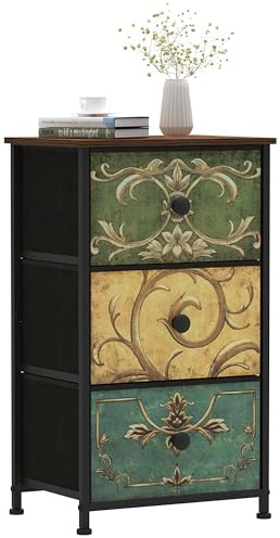 VEDECASA Cómoda de 3 cajones de tela para dormitorio, mesita de noche estrecha, unidad de almacenamiento para armario, dormitorio, sala de estar, marco de metal resistente a la mitad, parte superior