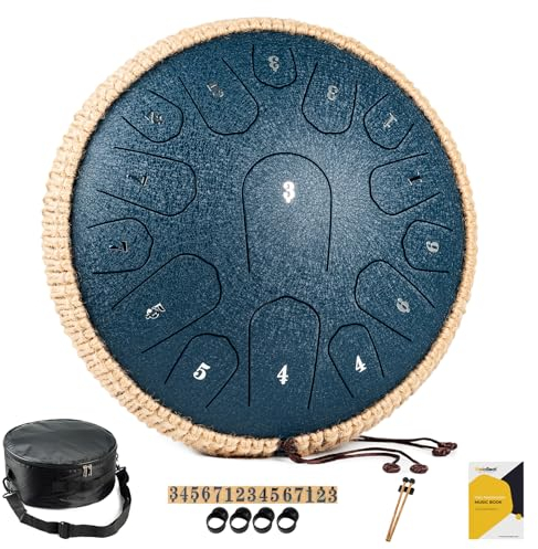 MeloBeat Zungentrommel 13 Zoll 15 Töne - Professionelles Steel Tongue Drum Handpan Set in D Dur inkl. Zungentrommel Liederbuch, Schlagzeug Sticks und Trommel Tragetasche (Dunkelblau)