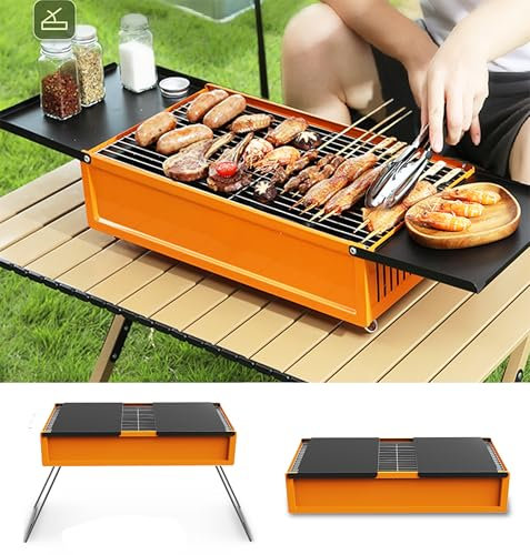 Barbecue au charbon de bois - En acier inoxydable - Petit barbecue portable - Pour l'extérieur, le jardin, les fêtes - Orange