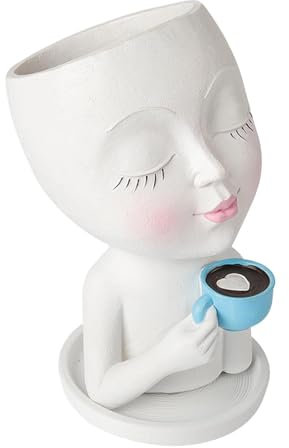Veeteah Cara Macetero Cabeza - Plantador Cara Beber Café - Planta de cabeza para interiores con los ojos cerrados, agujero de drenaje de resina para suculentas