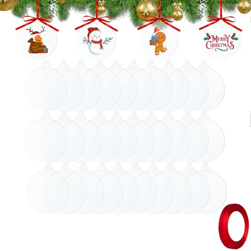 TALEYAE 30 Palline di Natale Piatte in Acrilico Trasparente 7,6 cm, Dischi Acrilici per Decorazioni Natalizie Fai-da-Te, Ornamenti Trasparenti con Nastro Rosso per Albero di Natale