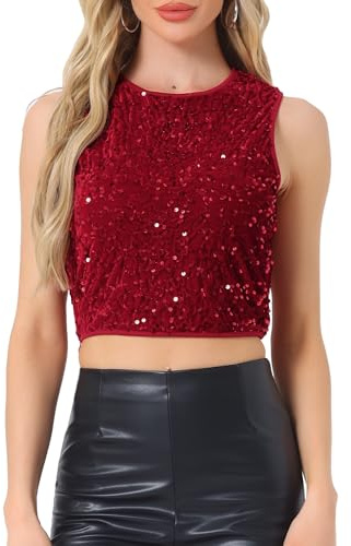 Allegra K Donna Natalizio Top con Paillettes, Scollo A Barchetta, Senza Maniche, Scintillante, Glitterato, per Feste in Discoteca, Serate, Canotta da Festival per Christmas di Natale Rosso L