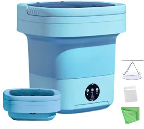 POPPYLANE Portable Washing Machine, 11L Foldable Washer & Spin Dryer with Laundry Bag & Drying Net & Microfiber Cloths, Laundry Machine with 3 Cleaning Modes for Baby Clothes and Underwear (Blue)