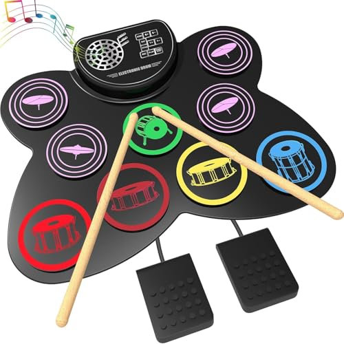 Elektrische Trommel Set, Roll Up Drum Kit mit 9 Drum Pads, Tragrbares Elektrische Drum Set, Lautsprecher, Holzstäbe und Pedale mit Anfänger und Kinder(Schwarz)