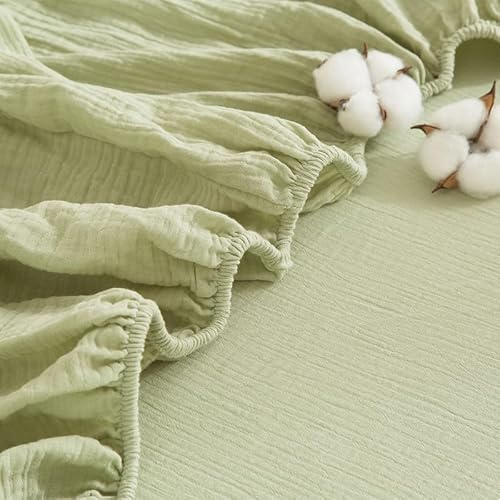 Gezu Drap-housse double en muslin 120 x 200 cm, 100 % coton, vert muslin, pour lit à sommier tapissier, en tissu éponge, doux, uni et respirant, pour matelas épais jusqu'à 25-30 cm