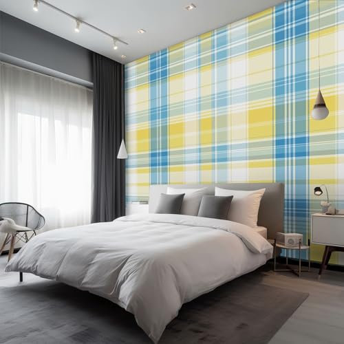 Yellow Blue Wallpaper, Rustic Checkered Scottish Tartan Wallpaper for Living Room, Bedroom, Non-Woven Decor Wall Paper, Photo Mural Dining Room, Hallway, Lounge, 200 X 140 cm