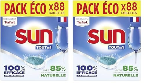SUN - pastilles lave-vaisselle Tout en 1 Regular - 88 tablettes - avec 85% d'ingrédients d'origine naturelle - 100% efficace sur + de 99 taches - Fabriqué en France (Lot de 2)