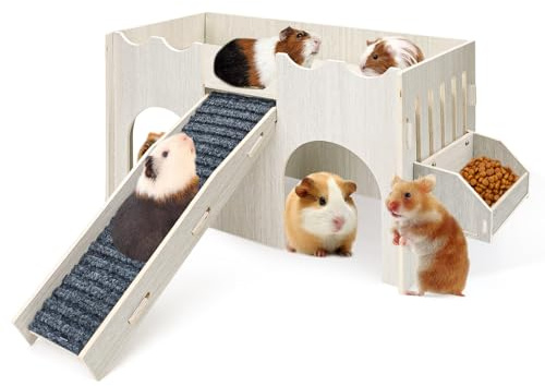 Grande cachette pour cochon d'Inde, château en bois pour cochon d'Inde avec bassin d'alimentation, jouets pour chinchilla hamster, hérisson, lapin