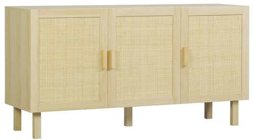 HOMCOM Aparador 3 Puertas de Rejilla de Ratán Aparador para Salón Nórdico con Estantes Ajustables para Comedor Entrada Dormitorio Natural 136x41x70 cm