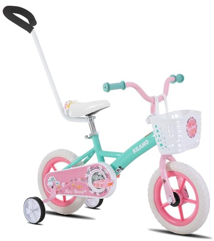 KEANO Voyager 12 Inch Kids Bike for Boys and Girls Ages 2-4 Years, Toddler Bike with Training Wheels & Basket, Detachable Parent Push Handle, Children Bicycle in Green