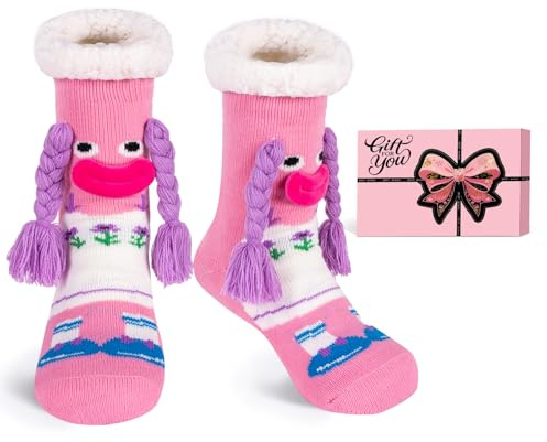 HERYEBING Chaussettes Chaussons Femme Chaussette de Noel avec en Boîte Cadeau, Chaussettes Chaud Antidérapantes pour Hiver Thermiques, Cadeaux De NoëL Amusants, Chaussette Drole Rose