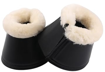 Merauno® Faux Fur Bell Boots Fleece Trim Over Reach Boots Jumping Bells (XXL, Beige Black)