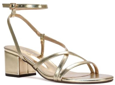 ESSEX GLAM Women's Ankle Strap Sandals Ladies Low Mid Block Heel Party Bridal Gold Metallic Faux Leather Buckle Strappy Shoes Size 4