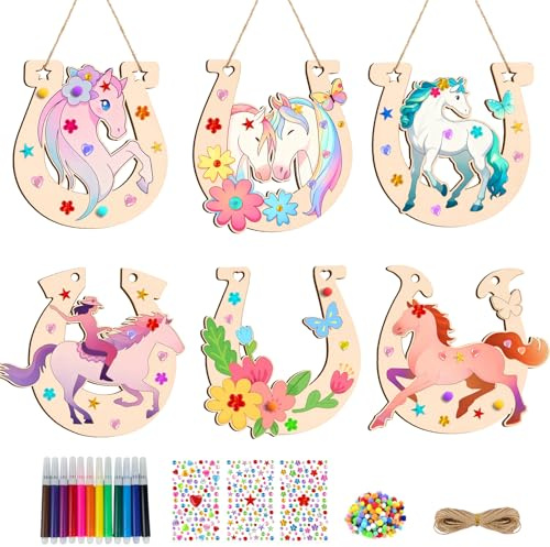 Lot de 18 fers à cheval en bois pour bricolage d'anniversaire d'enfant à partir de 4, 5, 6, 7, 8, 9 ans, cadeaux pour filles, idée cadeau, printemps, Pâques, bricolage, décoration d'anniversaire