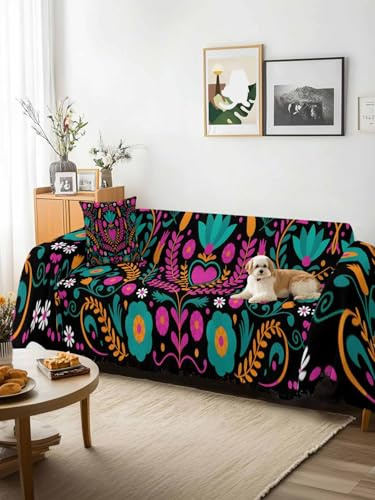 Colorful Mexico Sofa Cover Blanket Couch Covers for Armchair Cushion,Couch Sofa Silpcover with Tassel,Modern Abstract Flowers Leaf Orange Pink Living Room Throw Towel Blanket Covers XX-L 71x150