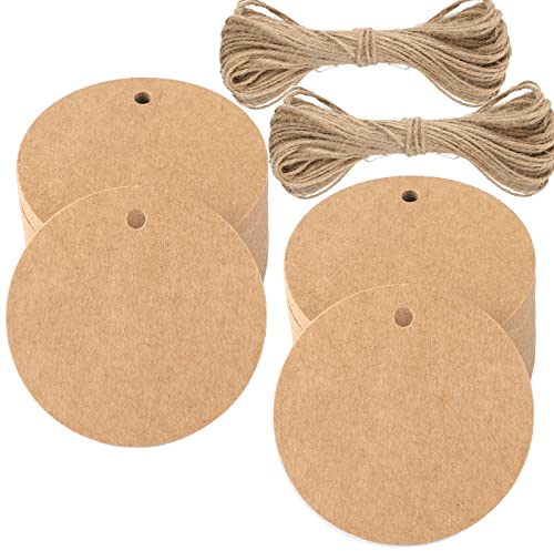 G2PLUS 100 Stk. Braun Geschenkanhänger, Rund Anhänger Etiketten, 5.5 CM kraftpapier Etiketten Tags mit Jute-Schnur, Blanko Papieranhänger für Art & Craft Projekt