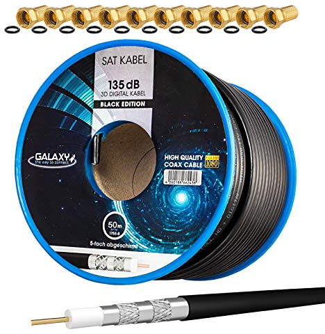 HB-Digital câble SAT coaxial 50m 135db noir + 10x connecteur F plaqué or | Câble d'antenne satellite CCS (acier-cuivre) blindé à 5 voies pour systèmes radio BK DVB-S/S2/T/T2 DAB +