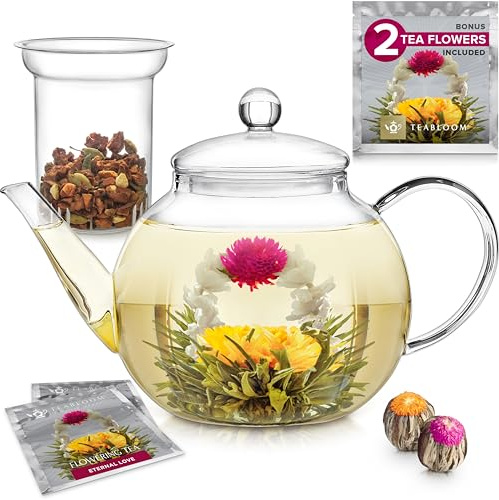 Teabloom Stovetop & Microwave Safe Glass Teapot with Removable Loose Tea Glass Infuser – Includes 2 Blooming Teas – 2-in-1 Tea Kettle and Tea Maker – Tea Purist's Choice
