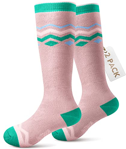 OutdoorMaster 2 Paar skisocken kinder, Snowboarding Atmungsaktive thermische Socken für Mädchen und Jungen für Outdoor-Sportarten mit Über die Wade Design/Anti-Rutsch-Bündchen