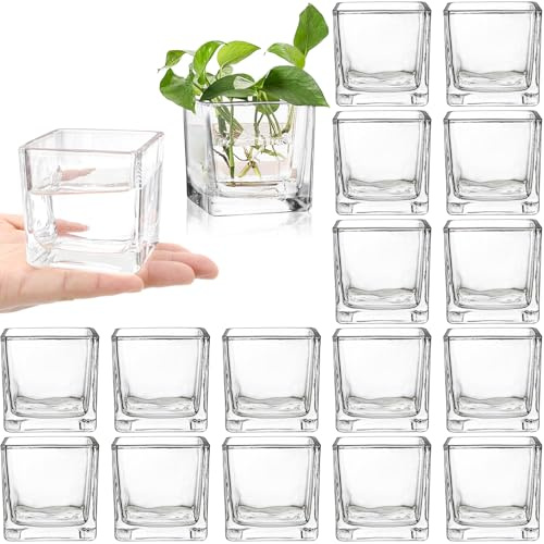 ZEAYEA Set of 18 Small Square Glass Vase, 2.4 x 2.4 Clear Cube Vase for Wedding Centerpieces Home Party Decoration, Square Glass Votive Candle Holder