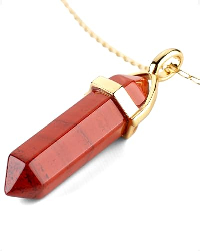 LAVISA Obelisk Edelsteinkette Gold, Anhänger, echte Kristall kette, Halskette, Rosenquarz, Amethyst, Naturstein - 55 + 5 cm (Roter Jaspis)