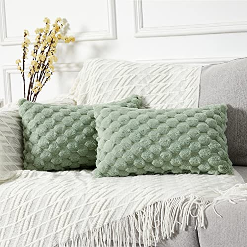 Yaertun 2er Set superweiche Plüsch Kissenbezüge Kunstpelz Kissenhüllen Dekorative Sofakissen Dekokissen Weicher Zierkissenbezug für Sofa Couch Bett Wohnzimmer 30 x 50 cm Salbei Grün