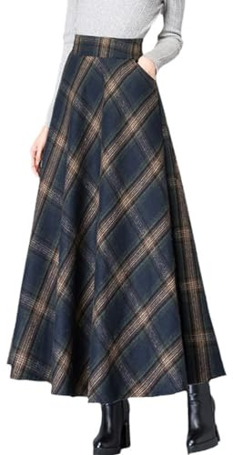 Women's Plaid Skirt Warm Elastic Waist Wool A-Line Pleated Tartan Winter Long Skirts(Dark Blue, XL)