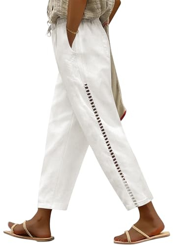 Voqeen Mujer Pantalones de Lino Verano Frescos Cintura Alta Elástico Largo Pantalón Anchos Causal Pantalon Rectos Suelto con Bolsillos Cordón